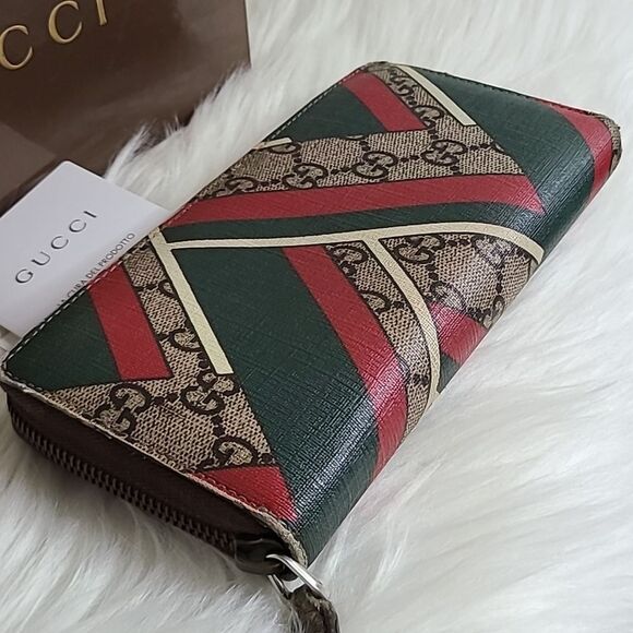 💯Authentic Gucci Round Zip Long Wallet GG Chevron Beige Green Red🍀 - Picture 7 of 16